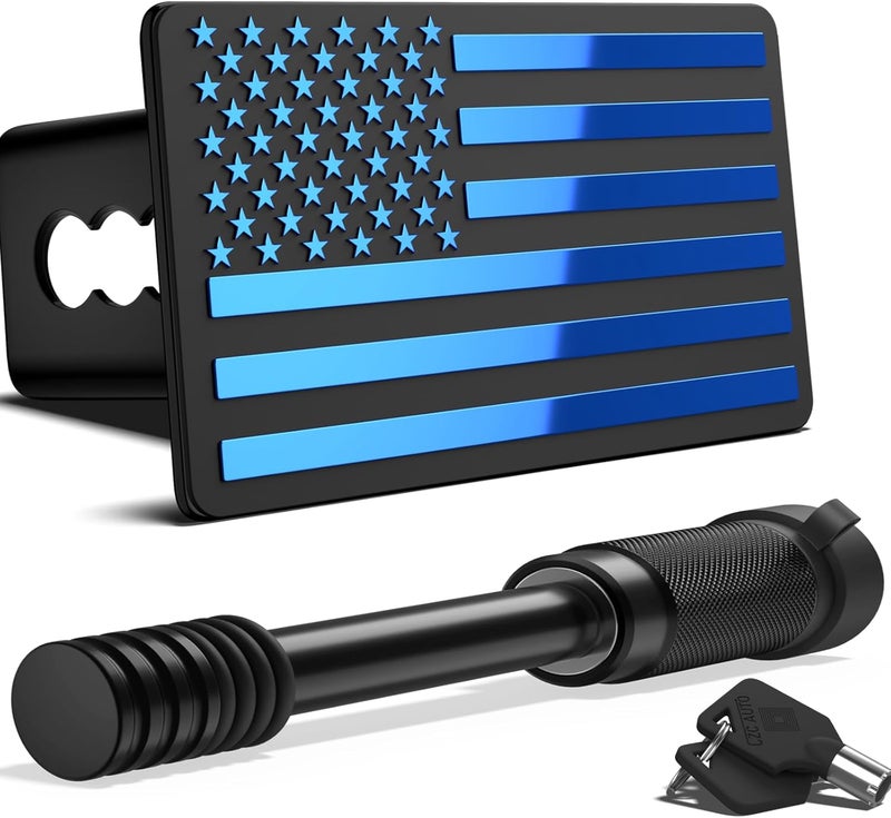 OGYE 2 Inch Trailer Hitch Cover with American Flag, Heavy Metal Trailer Hitch Cover Fit for 2 Inch Hitch Receivers (with 5/8" Pin Dia Anti-Theft Trailer Hitch Lock),3 * 5" Blue - Image 1